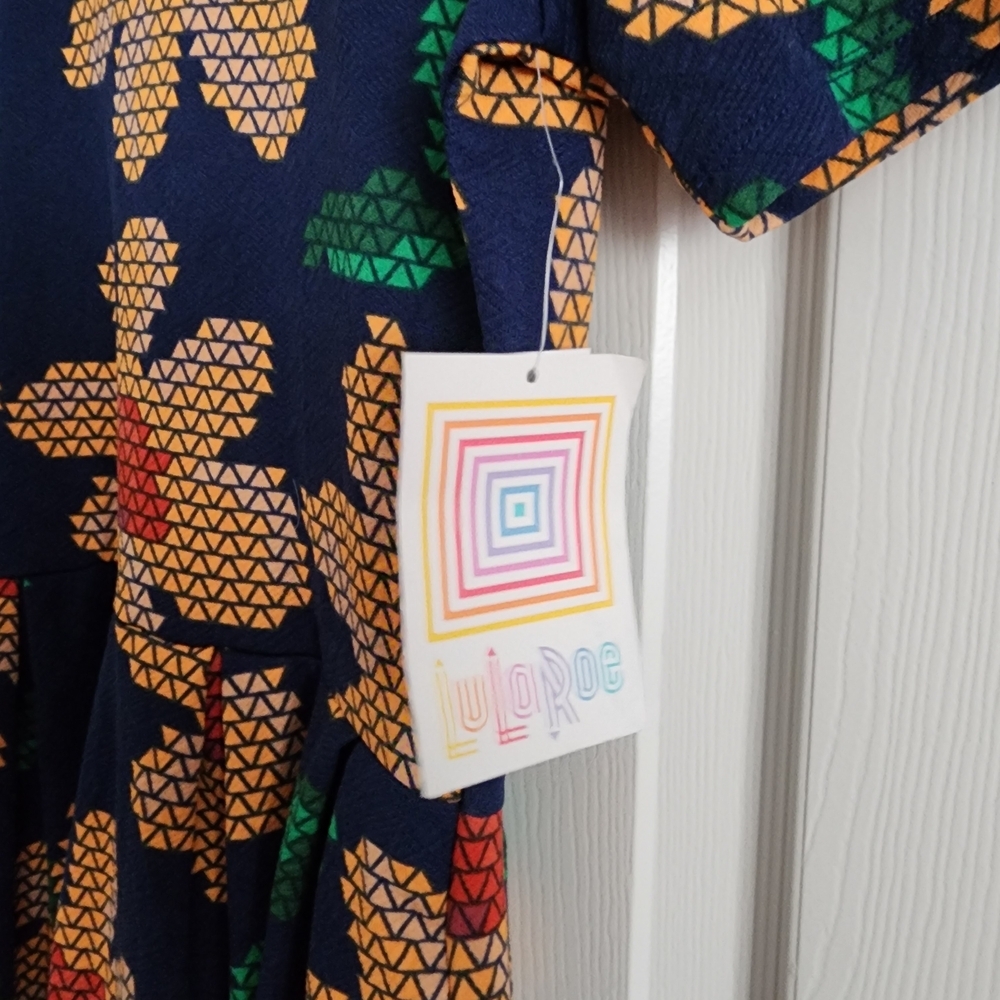 LuLaRoe Navy Dress with Yellow Floral Triangle Print and Green Accents